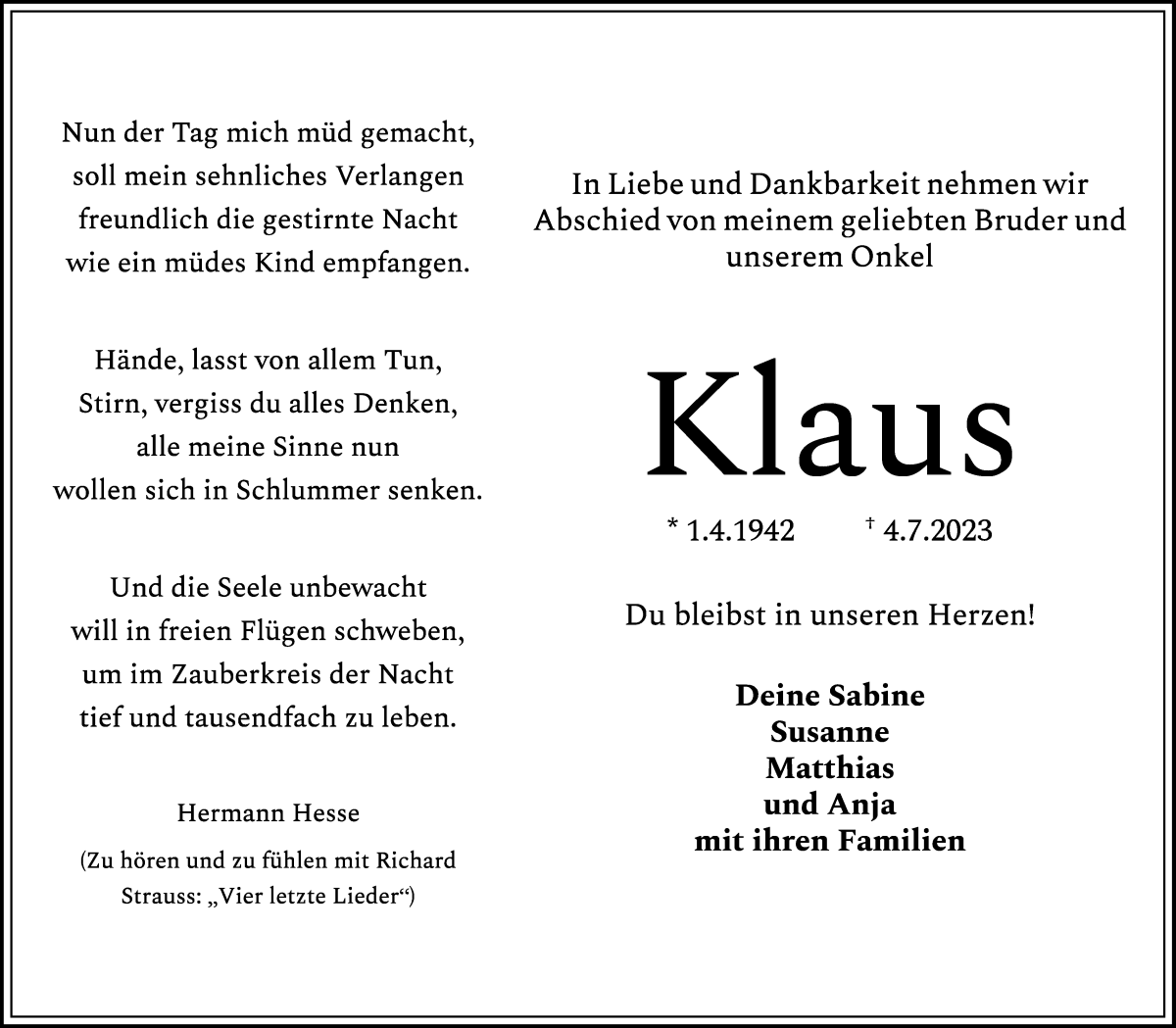 Traueranzeige von Klaus Hollweg von WESER-KURIER