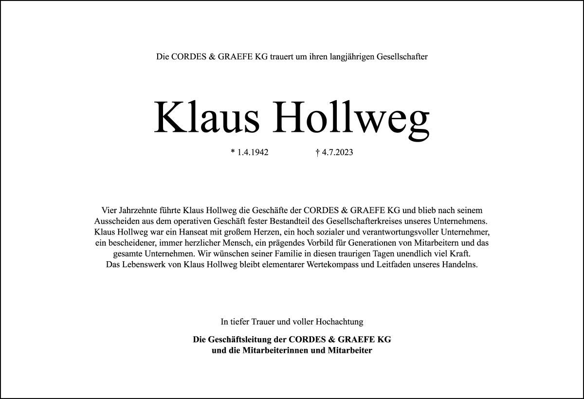 Traueranzeige von Klaus Hollweg von WESER-KURIER