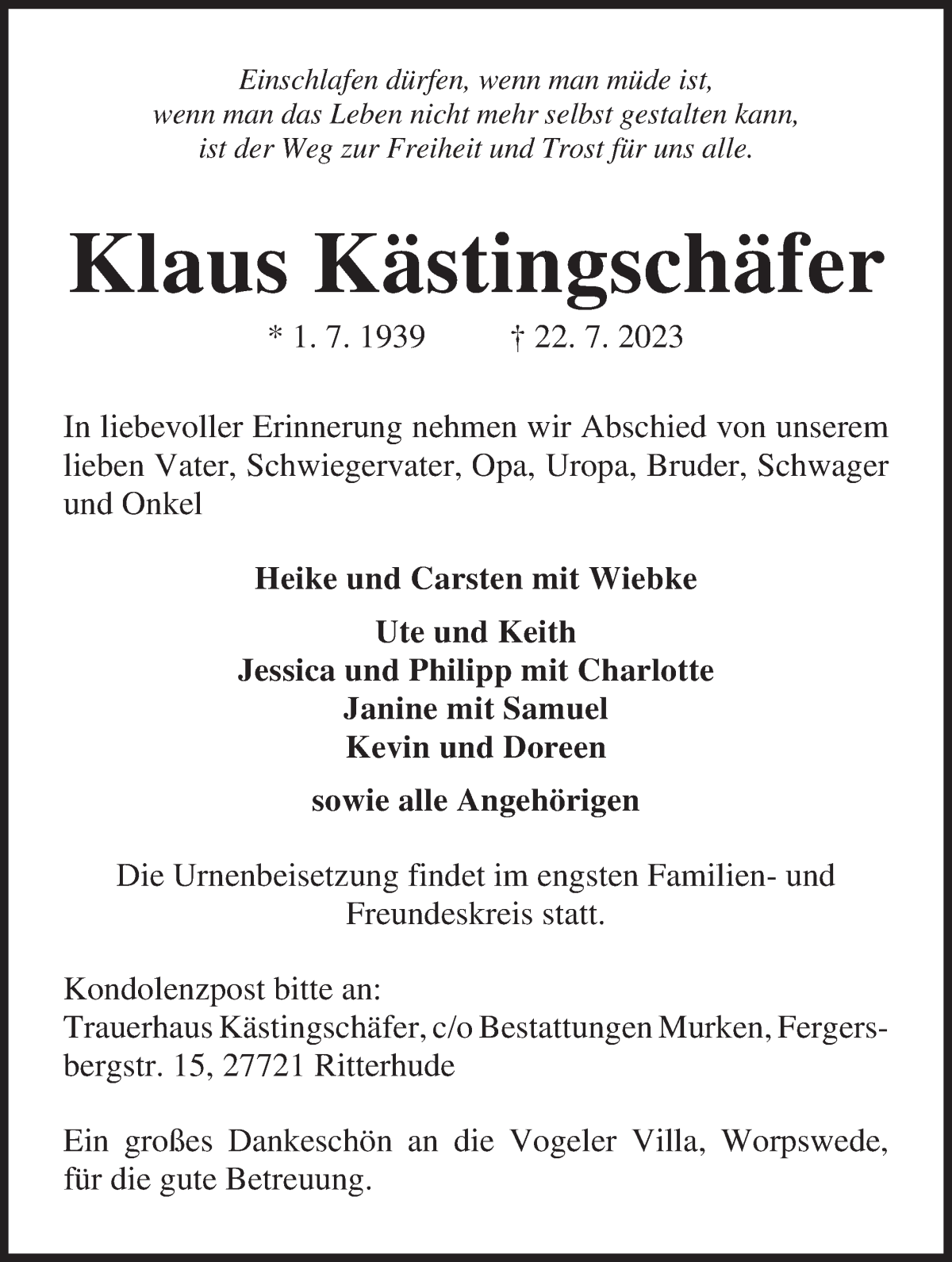 Traueranzeige von Klaus Kästingschäfer von Osterholzer Kreisblatt