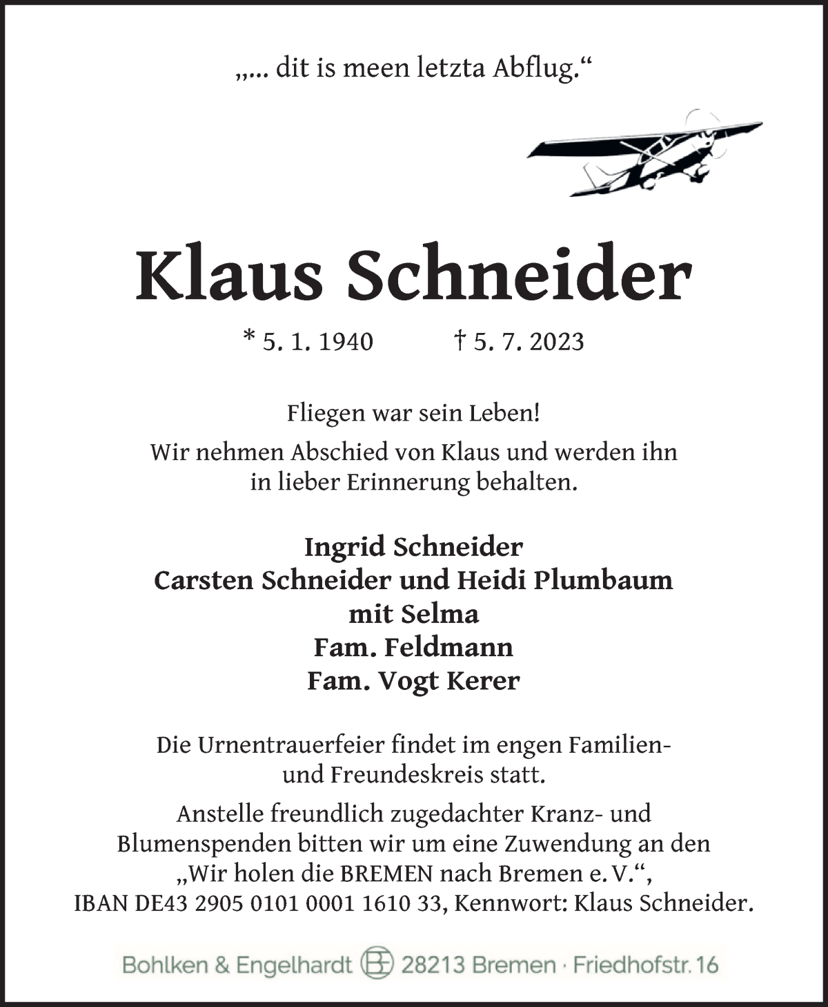 Traueranzeige von Klaus Schneider von WESER-KURIER