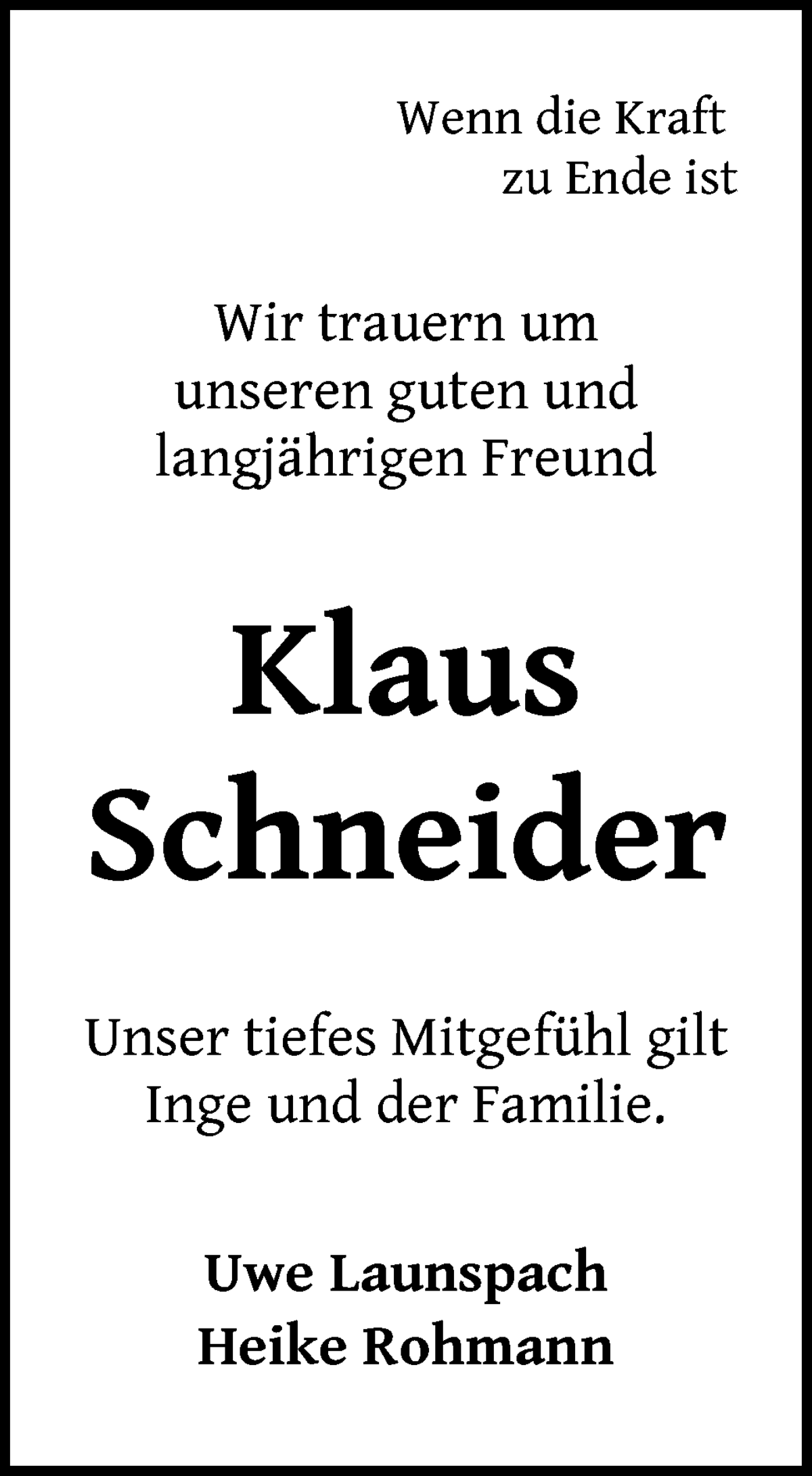 Traueranzeige von Klaus Schneider von WESER-KURIER