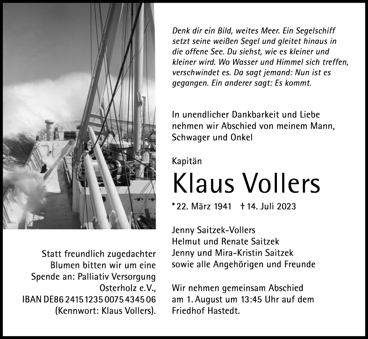 Traueranzeige von Klaus Vollers von WESER-KURIER