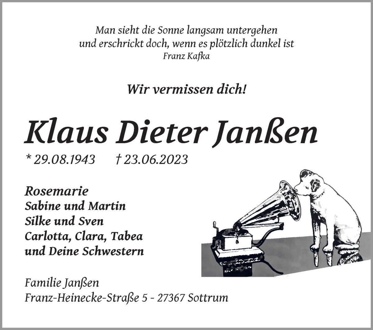 Traueranzeige von Klaus Dieter Janßen von WESER-KURIER