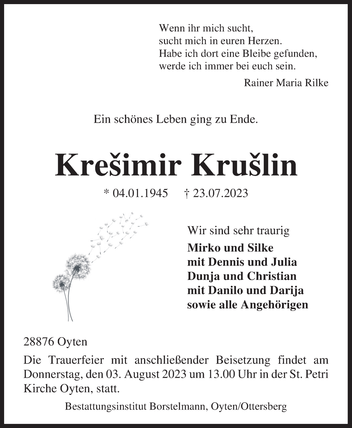 Traueranzeige von Krešimir Krušlin von WESER-KURIER