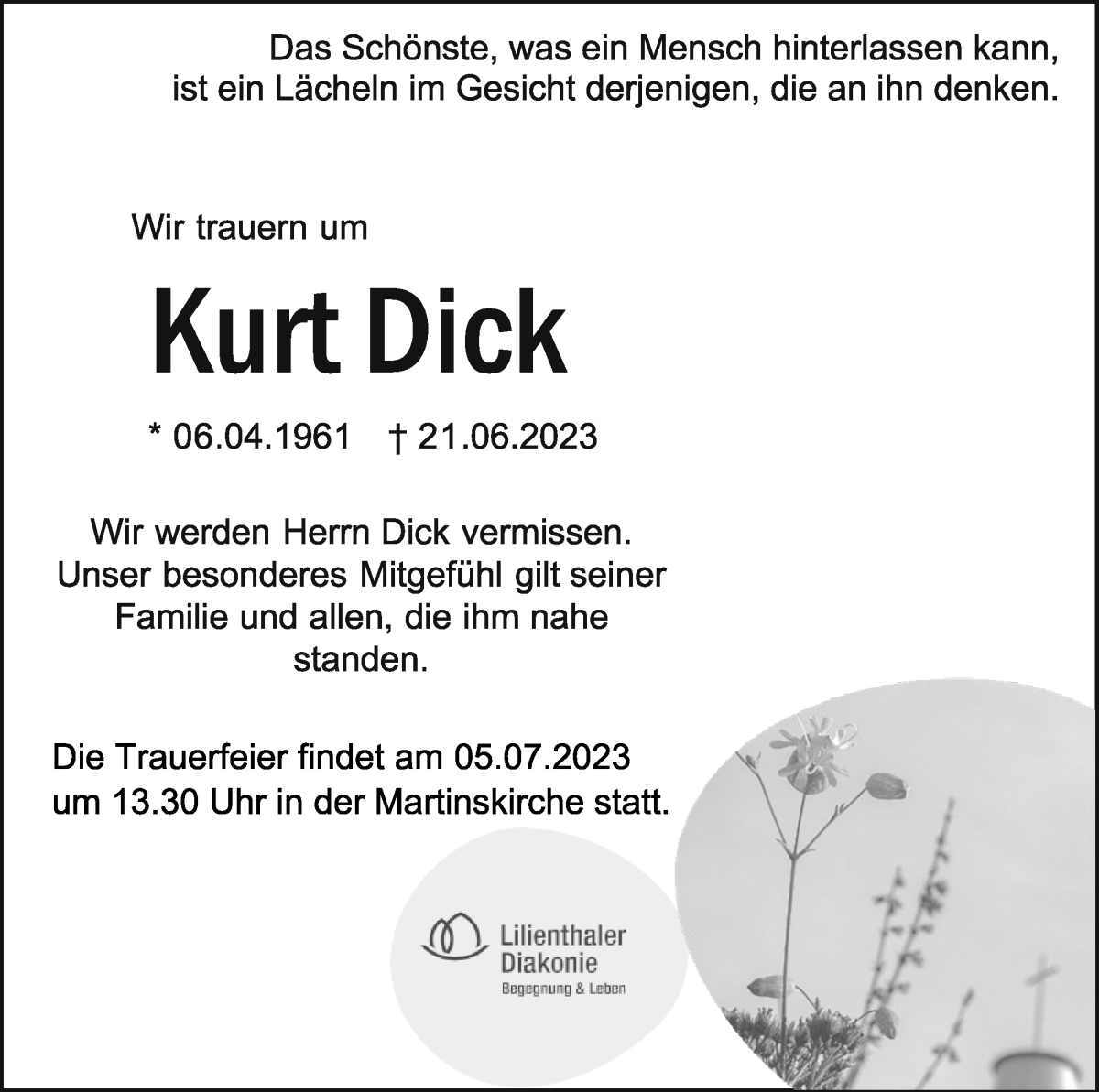 Traueranzeige von Kurt Dick von Wuemme Zeitung
