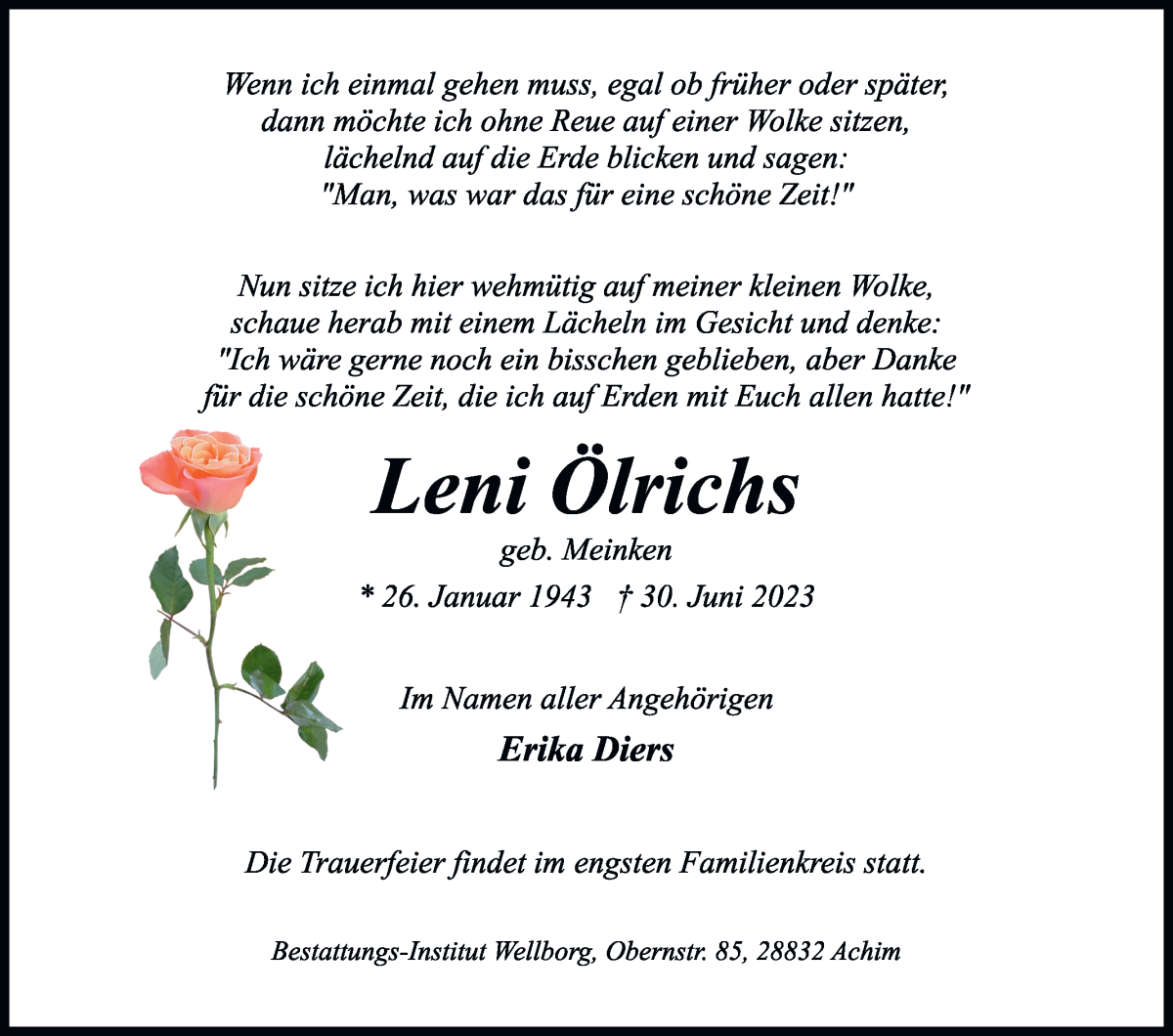 Traueranzeige von Leni Ölrichs von Achimer Kurier/Verdener Nachrichten