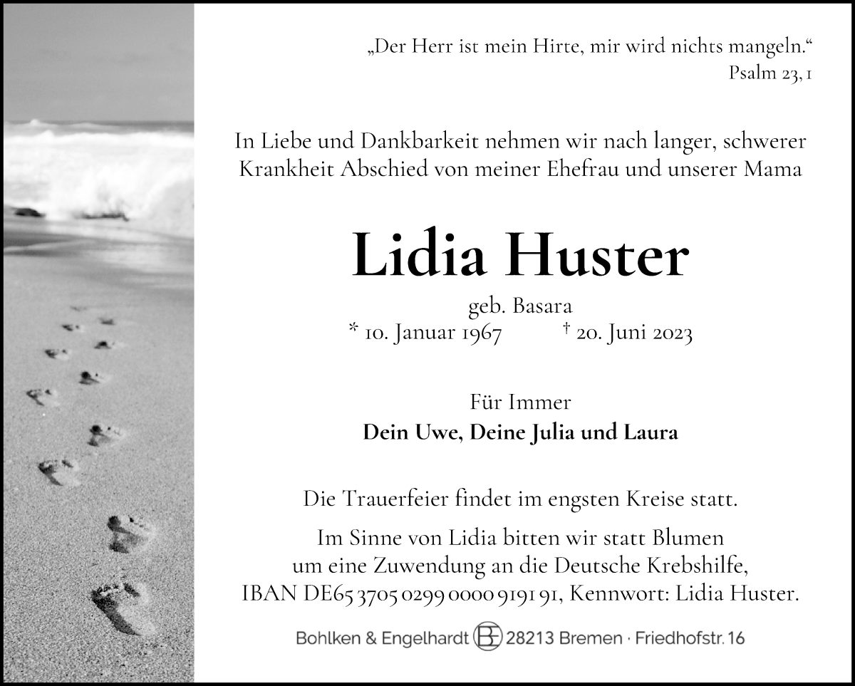 Traueranzeige von Lidia Huster von WESER-KURIER