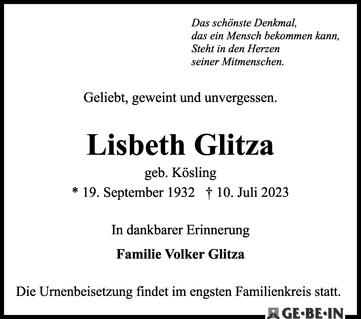 Traueranzeige von Lisbeth Glitza von WESER-KURIER