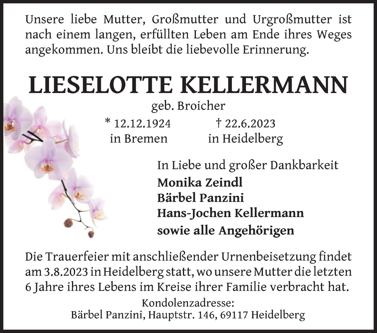 Traueranzeige von Liselotte Kellermann von WESER-KURIER