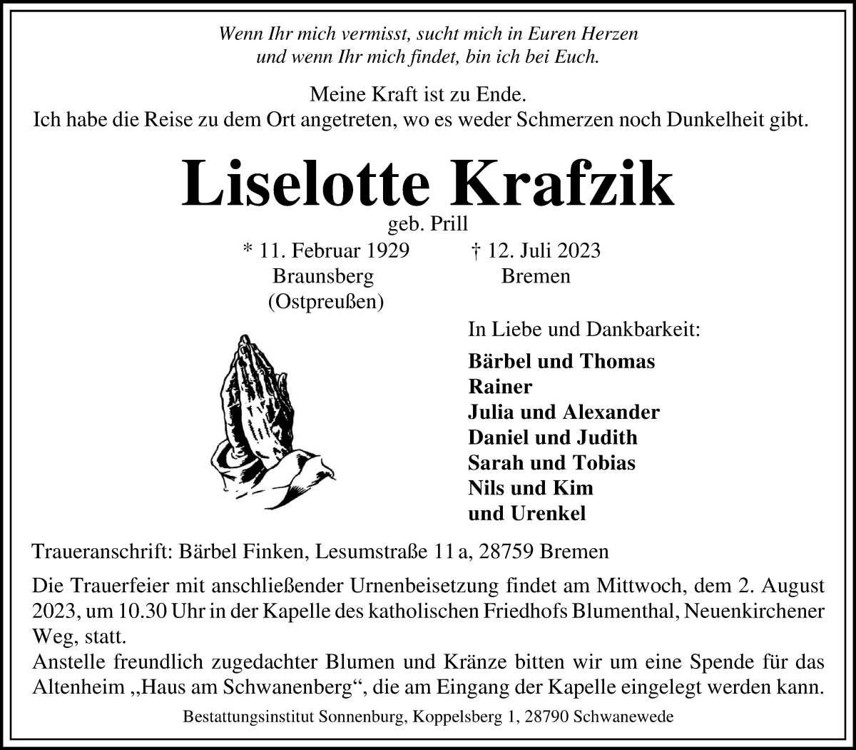 Traueranzeige von Liselotte Krafzik von Die Norddeutsche