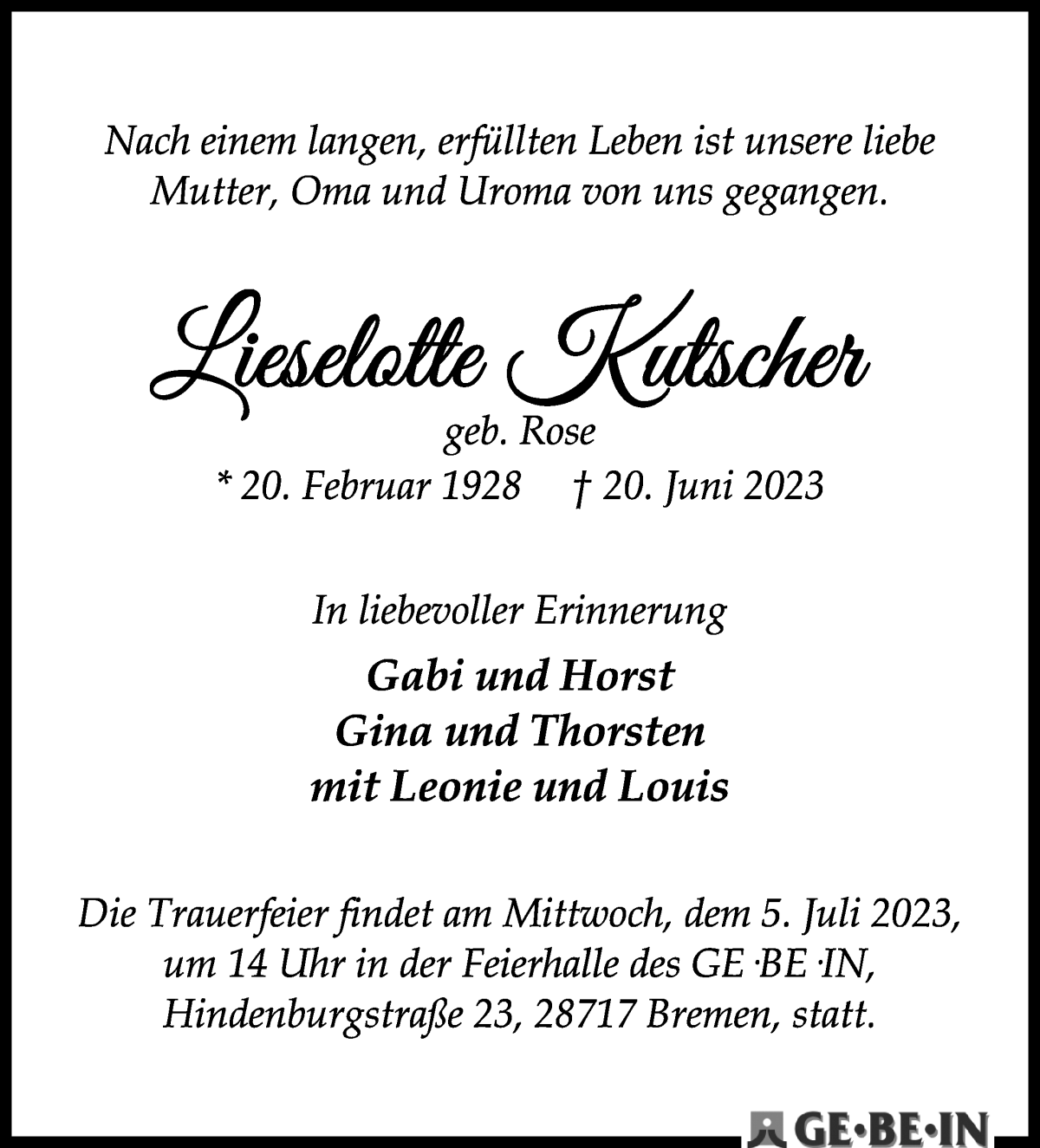 Traueranzeige von Liselotte Kutscher von Die Norddeutsche