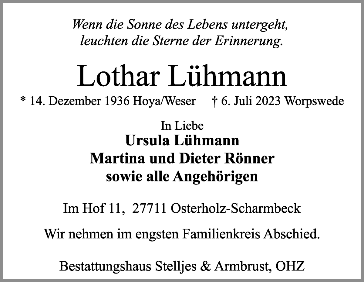 Traueranzeige von Lothar Lühmann von WESER-KURIER