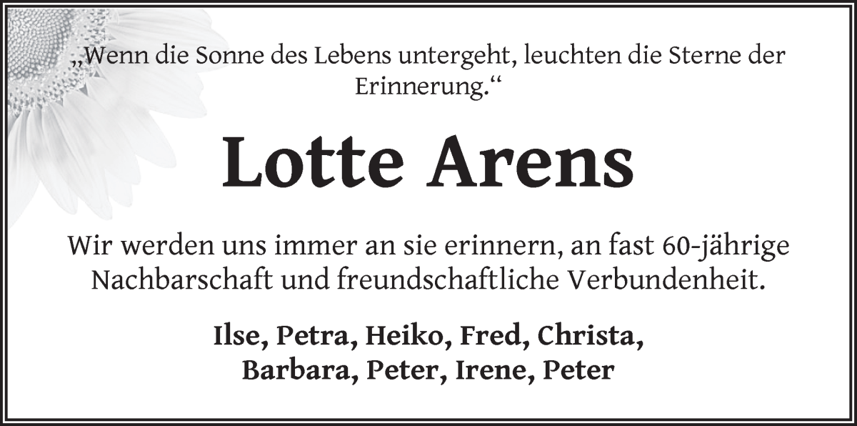 Traueranzeige von Lotte Arens von WESER-KURIER
