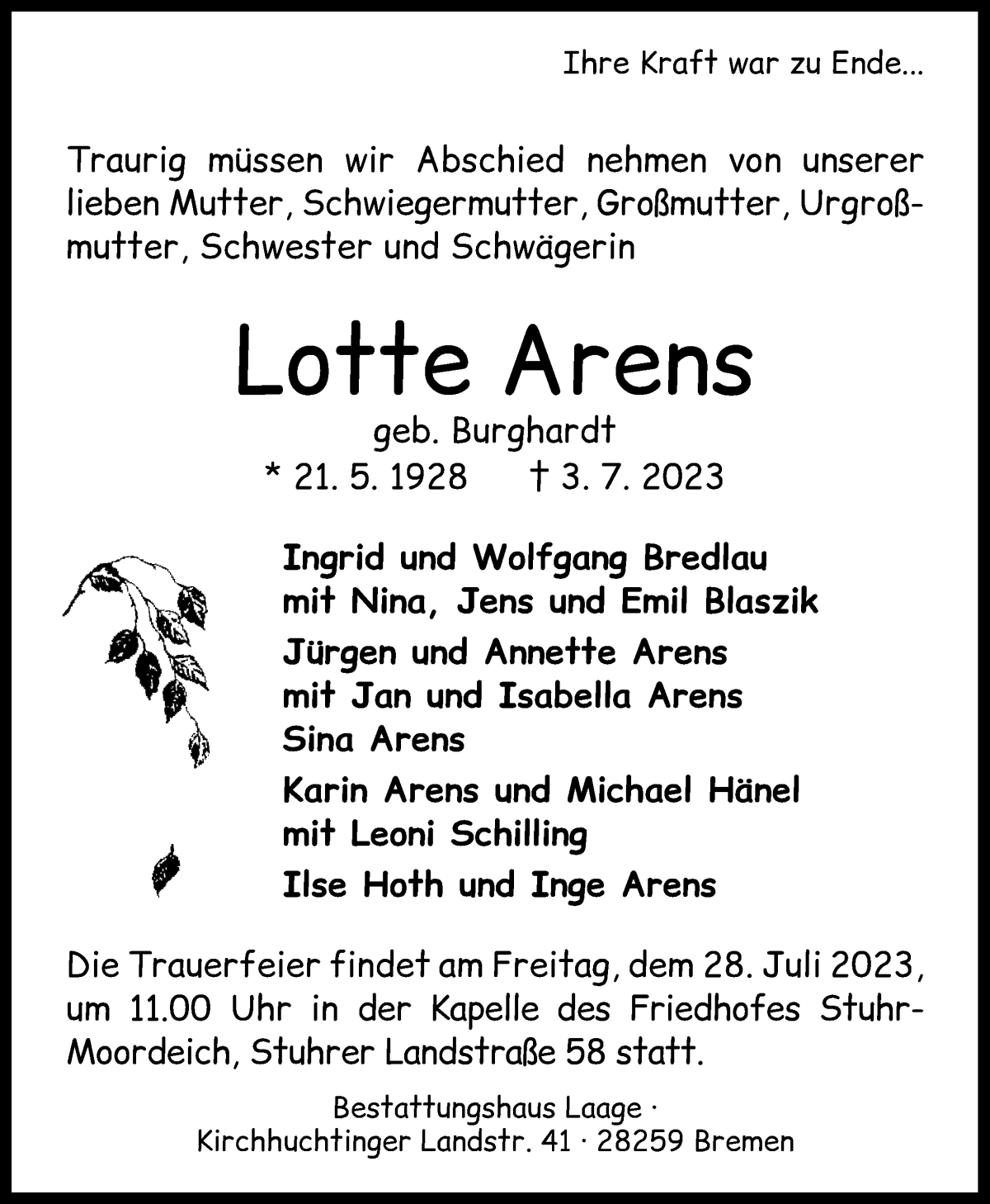 Traueranzeige von Lotte Arens von WESER-KURIER