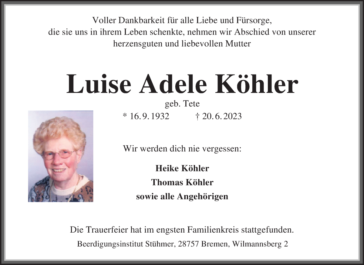Traueranzeige von Luise Adele Köhler von Die Norddeutsche