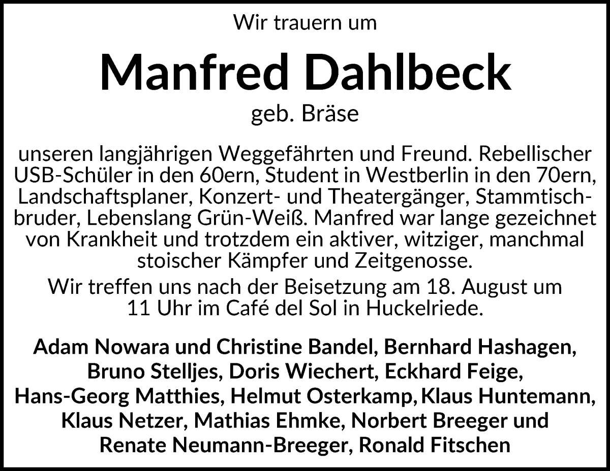 Traueranzeige von Manfred Dahlbeck von WESER-KURIER