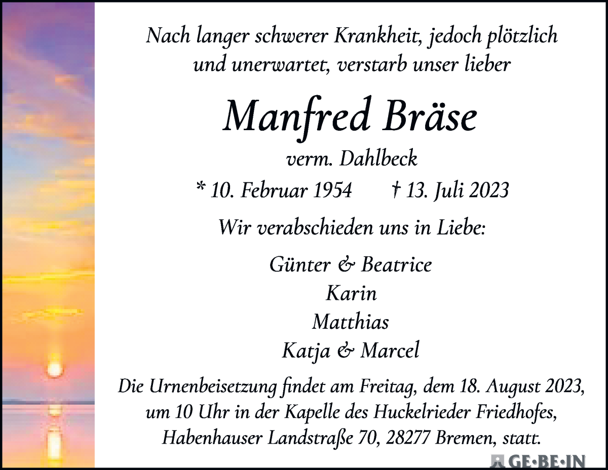 Traueranzeige von Manfred Dahlbeck von WESER-KURIER