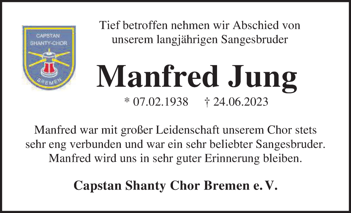 Traueranzeige von Manfred Jung von WESER-KURIER