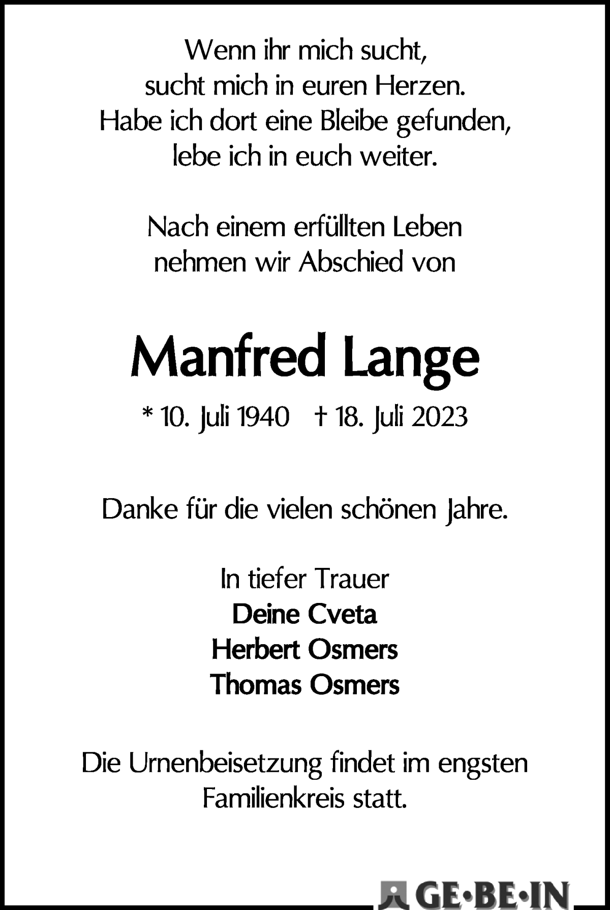 Traueranzeige von Manfred Lange von WESER-KURIER