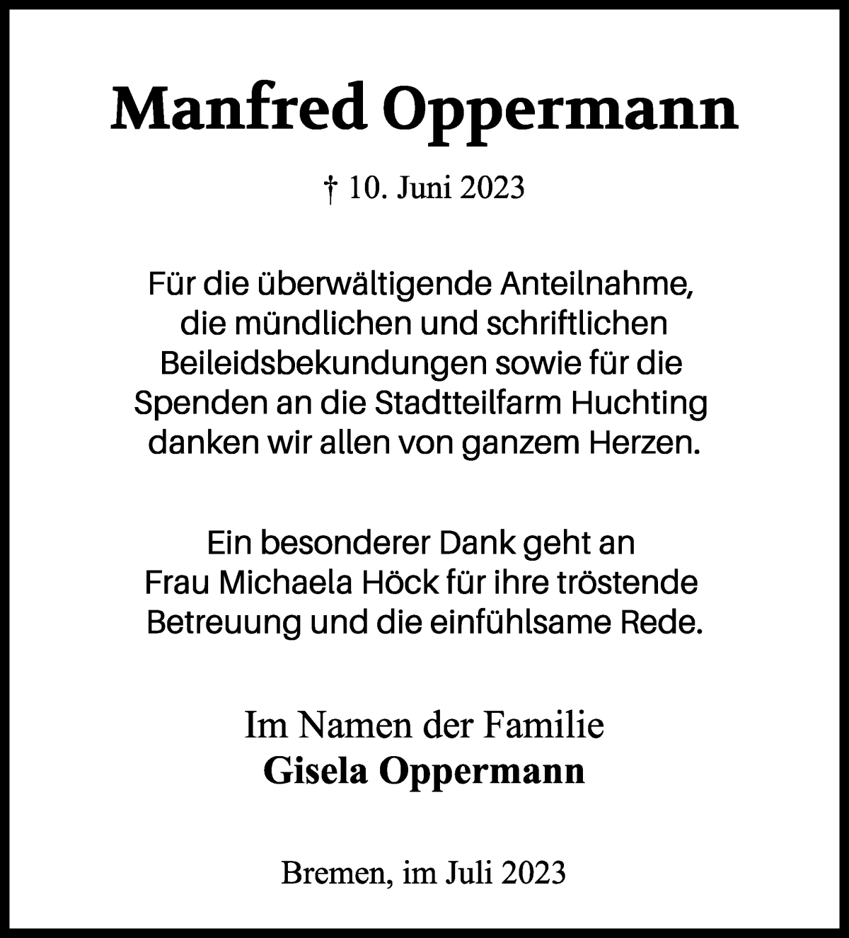 Traueranzeige von Manfred Oppermann von WESER-KURIER