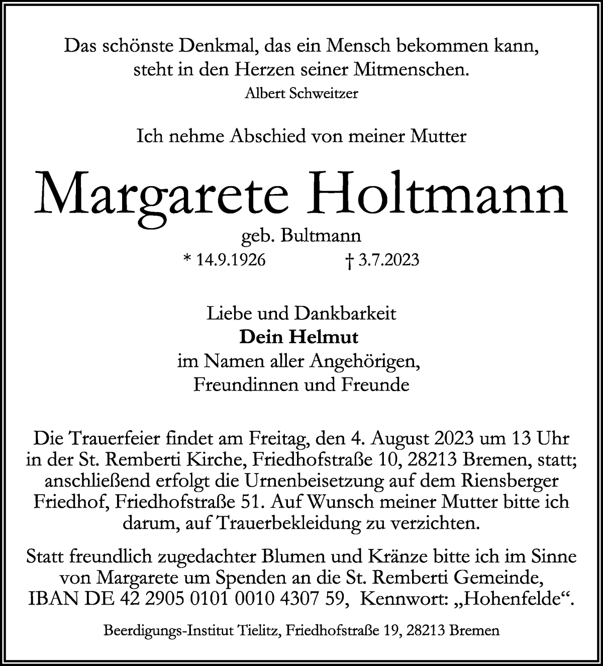 Traueranzeige von Margarete Holtmann von WESER-KURIER