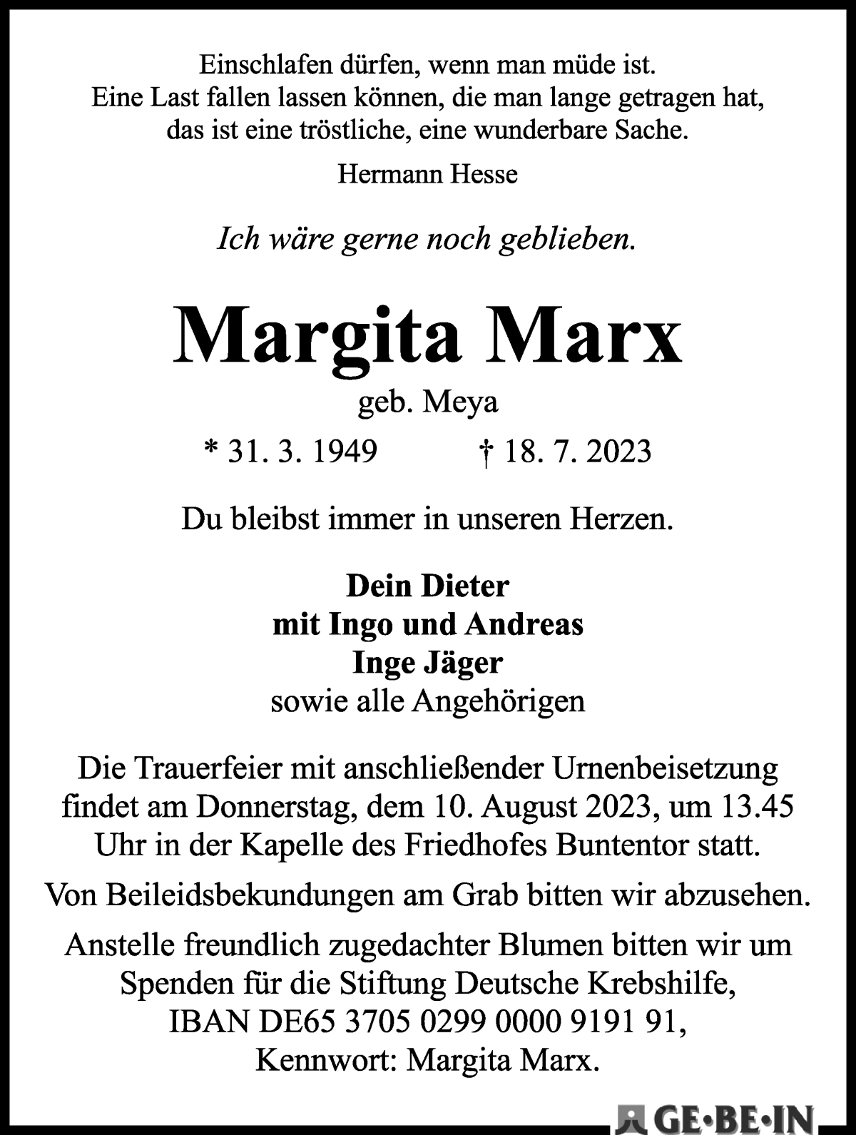 Traueranzeige von Margita Marx von WESER-KURIER