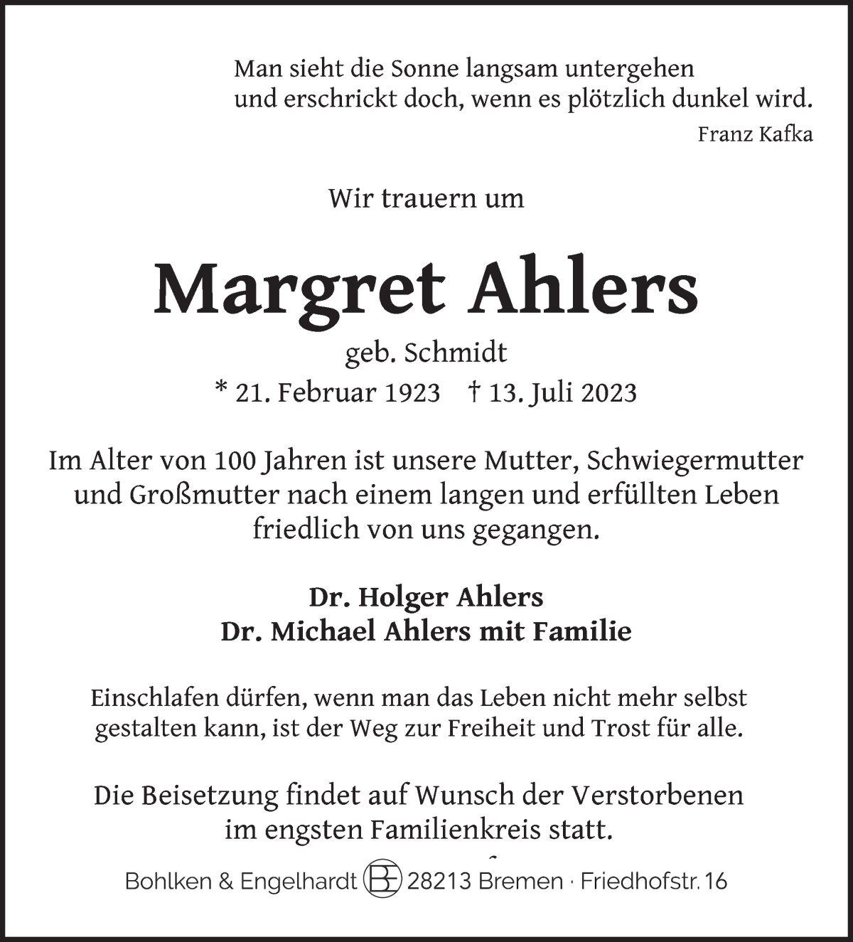 Traueranzeige von Margret Ahlers von WESER-KURIER