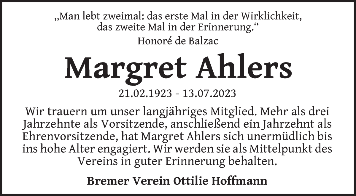 Traueranzeige von Margret Ahlers von WESER-KURIER