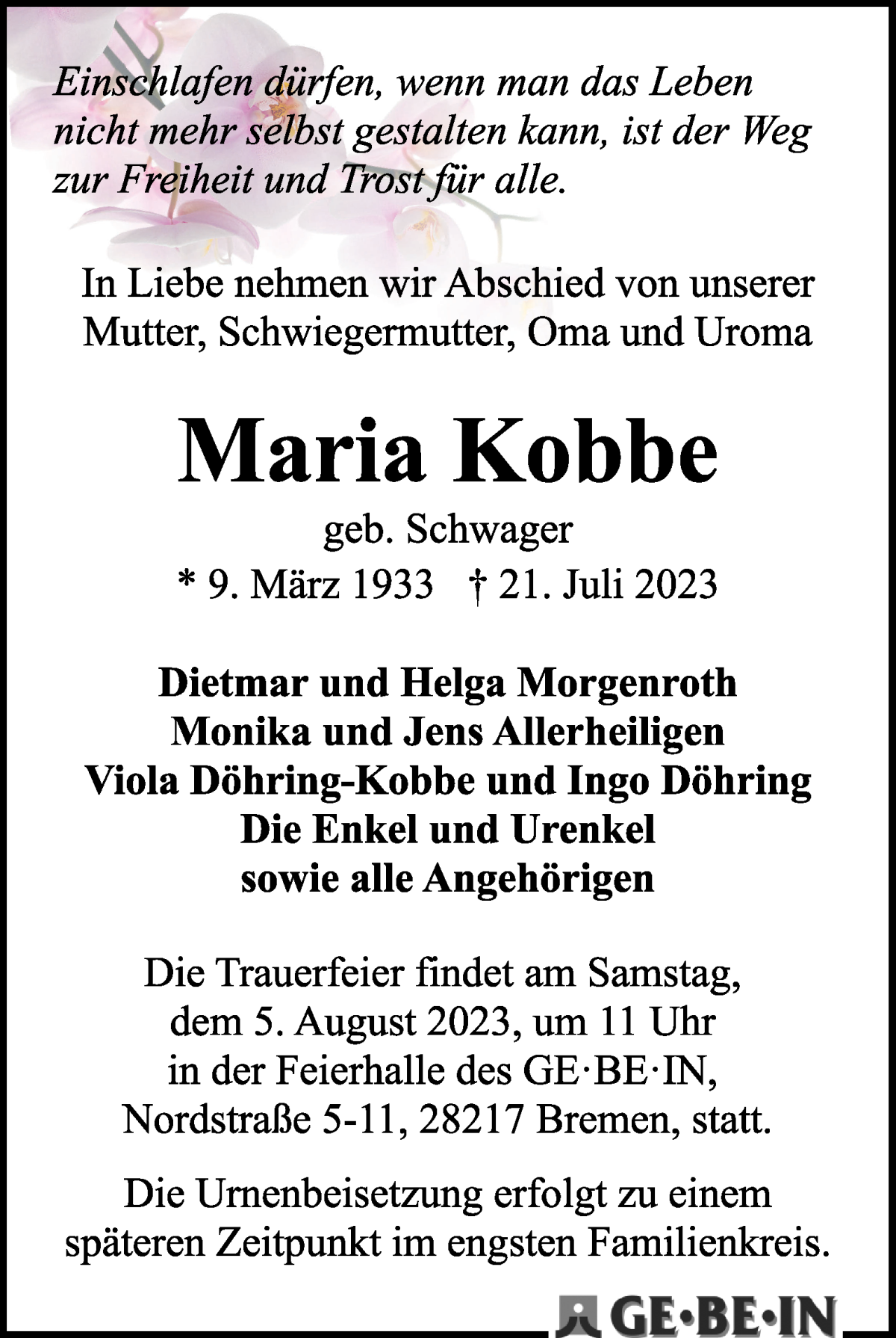 Traueranzeige von Maria Kobbe von WESER-KURIER