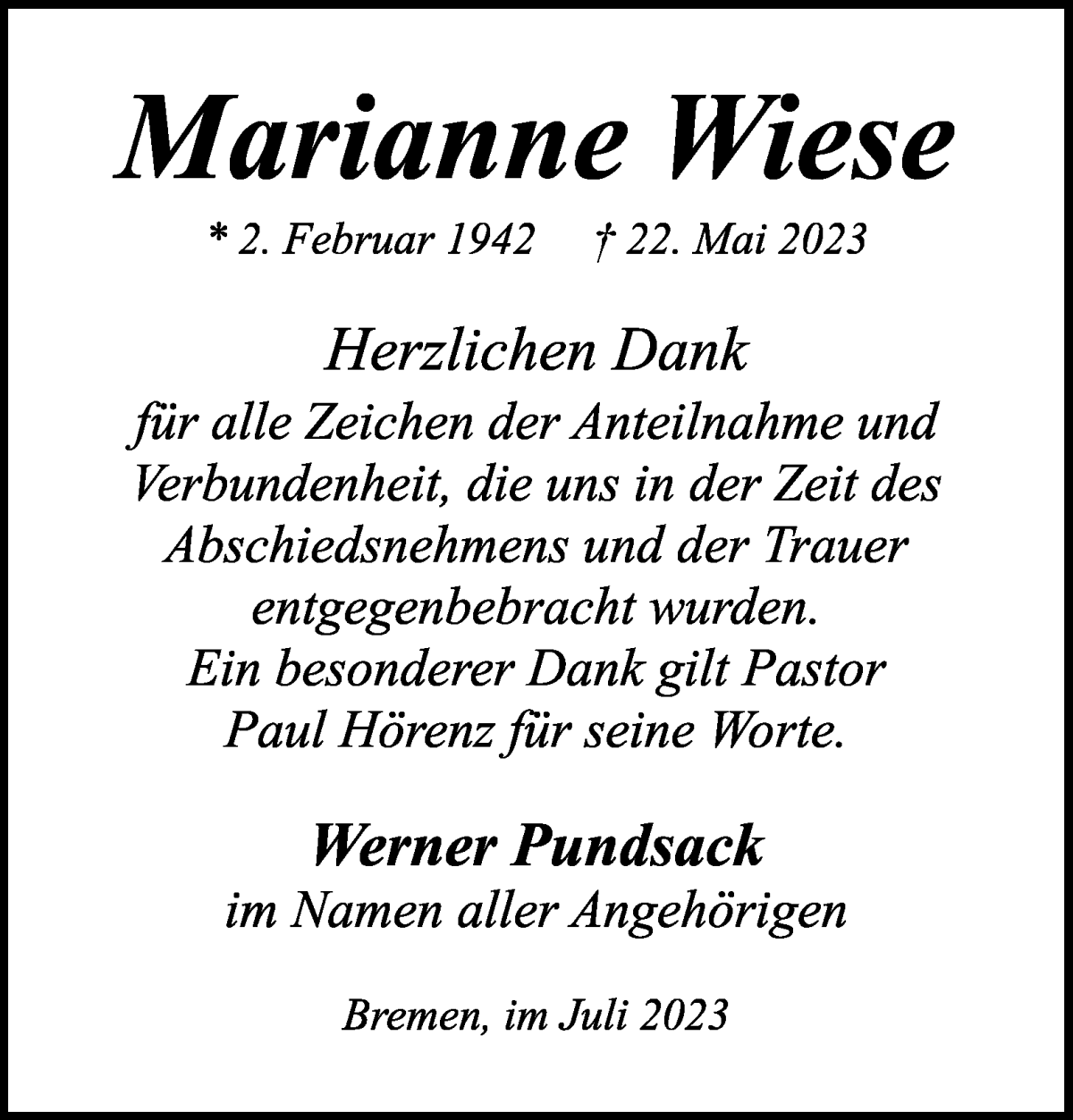 Traueranzeige von Marianne Wiese von WESER-KURIER