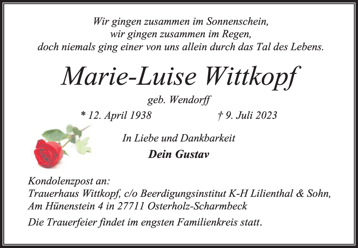 Traueranzeige von Marie-Luise Wittkopf von Osterholzer Kreisblatt