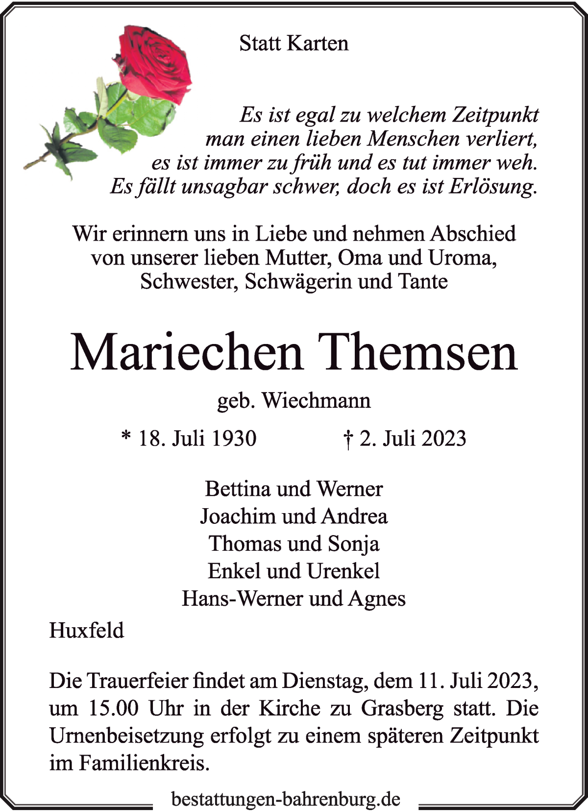 Traueranzeige von Mariechen Themsen von Wuemme Zeitung