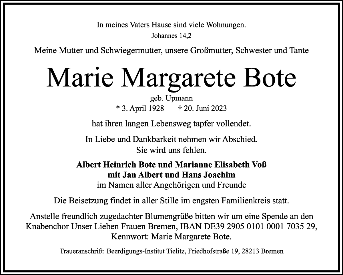 Traueranzeige von Marie Margarete Bote von WESER-KURIER