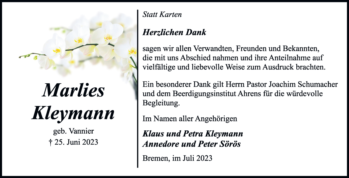 Traueranzeige von Marlies Kleymann von WESER-KURIER