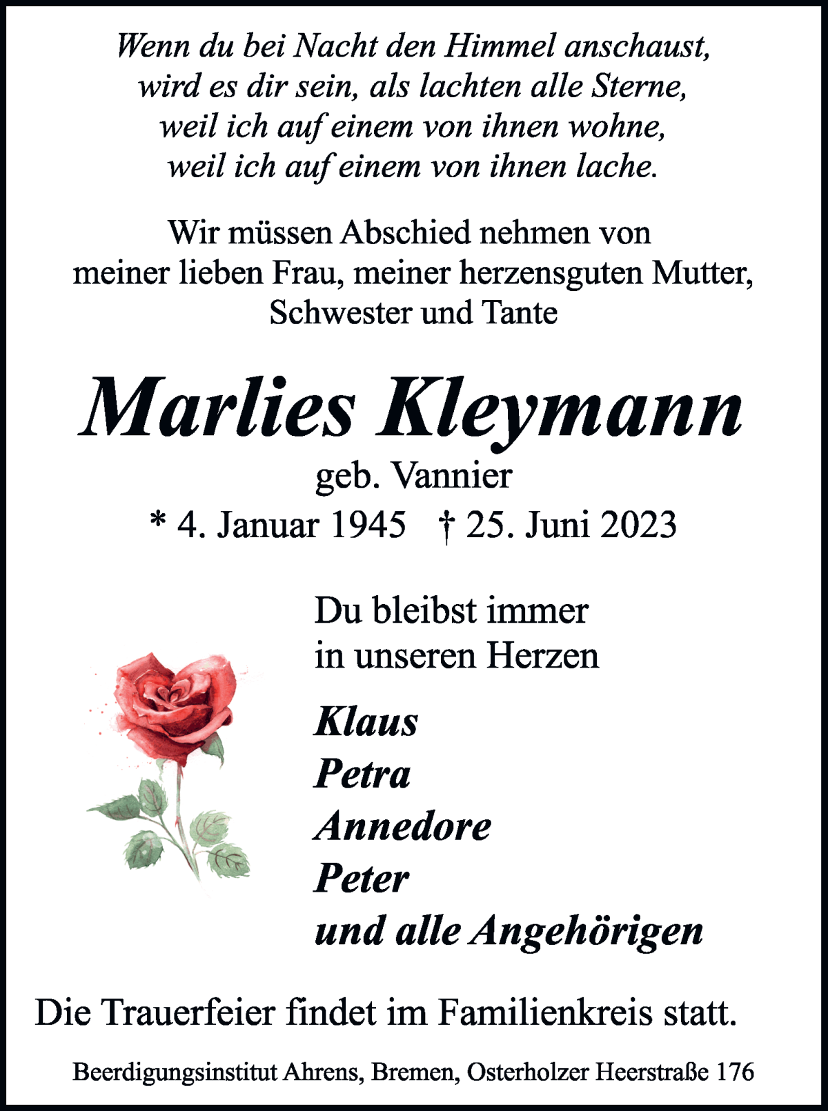 Traueranzeige von Marlies Kleymann von WESER-KURIER