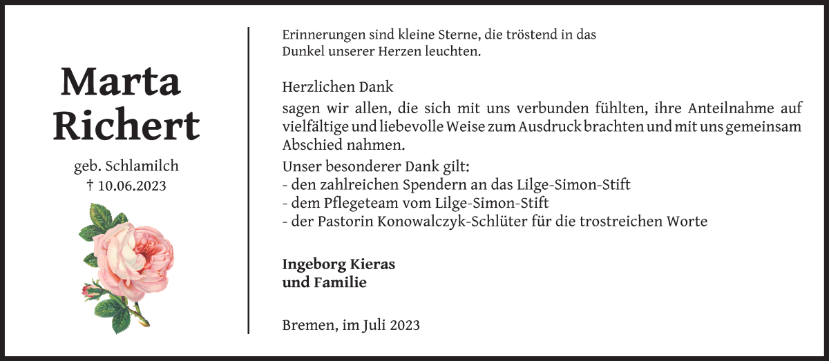 Traueranzeige von Marta Richert von Die Norddeutsche