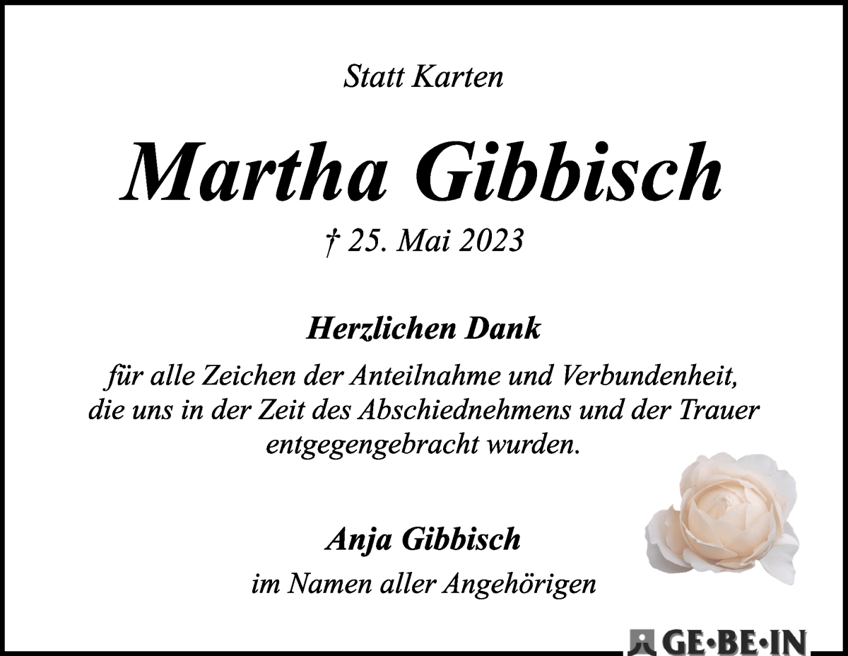 Traueranzeige von Martha Gibbisch von WESER-KURIER