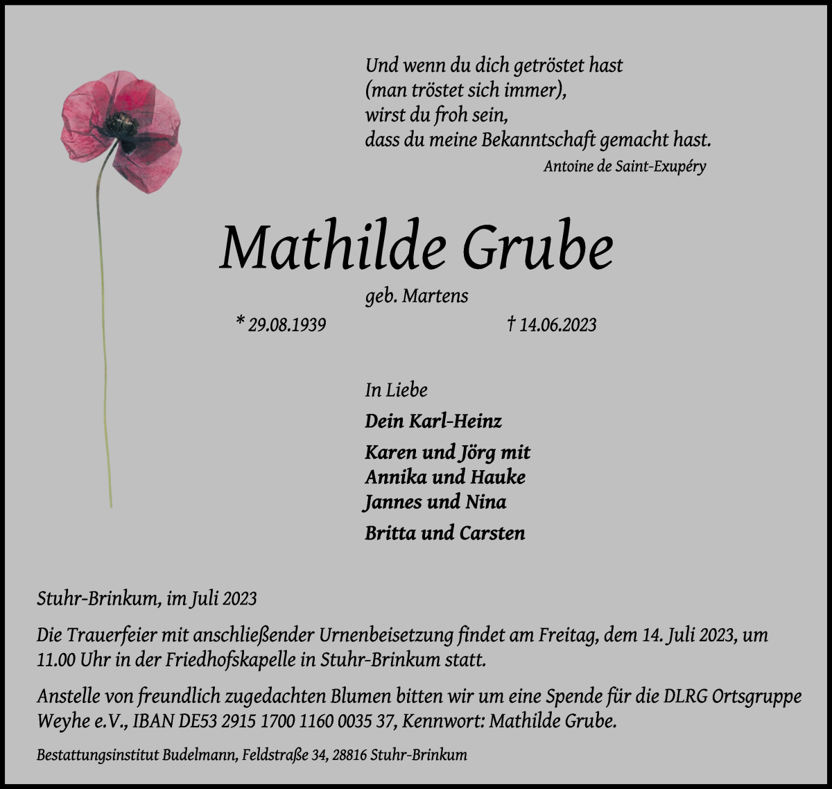 Traueranzeige von Mathilde Grube von Regionale Rundschau/Syker Kurier