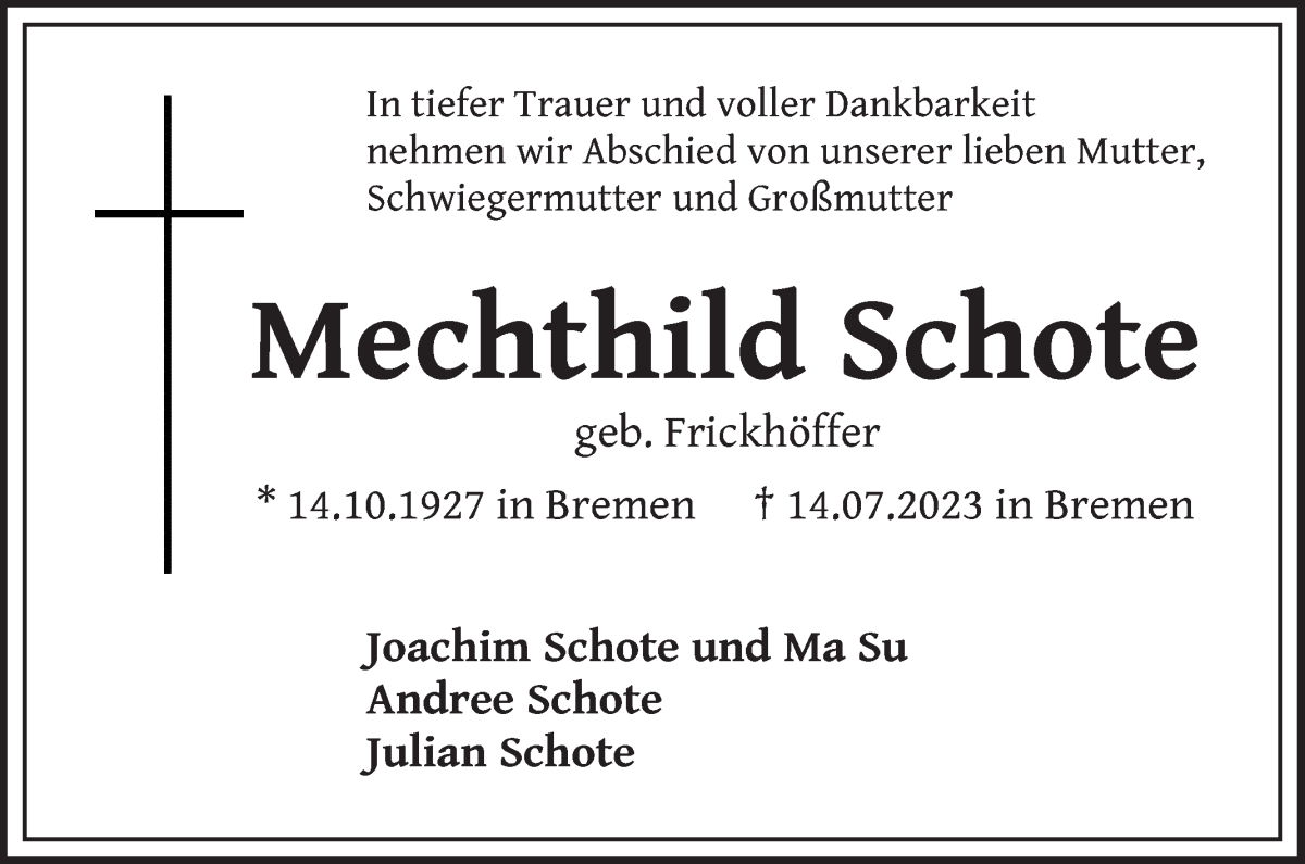 Traueranzeige von Mechthild Schote von WESER-KURIER