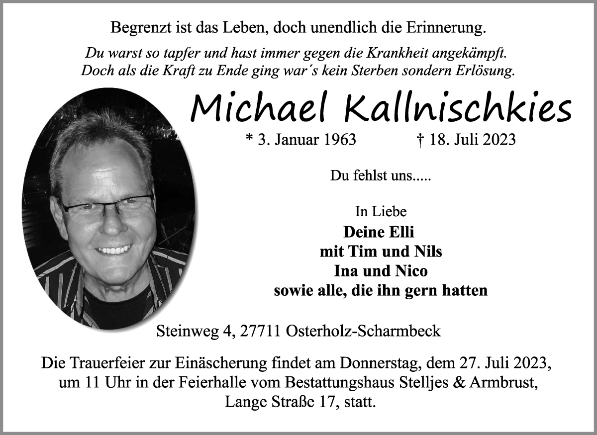 Traueranzeige von Michael Kallnischkies von Osterholzer Kreisblatt