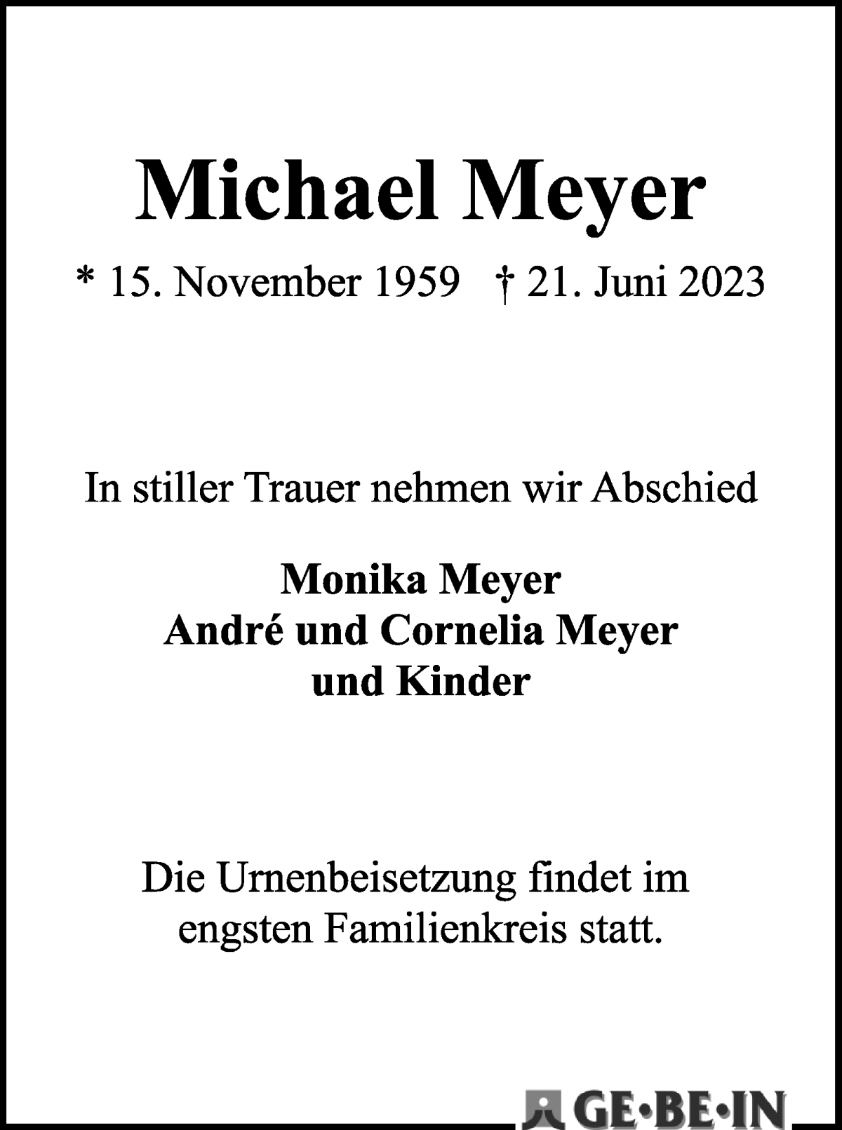 Traueranzeige von Michael Meyer von WESER-KURIER