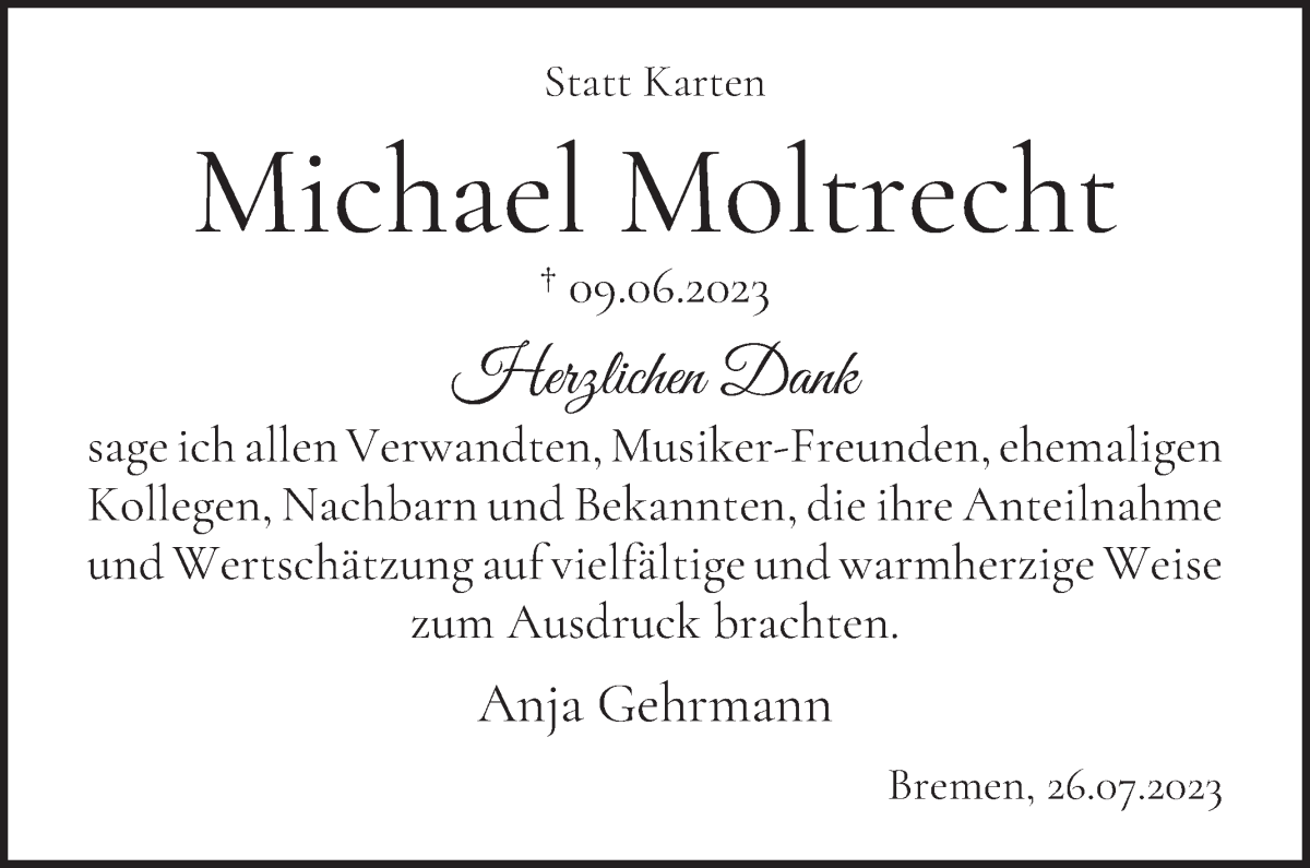 Traueranzeige von Michael Moltrecht von WESER-KURIER