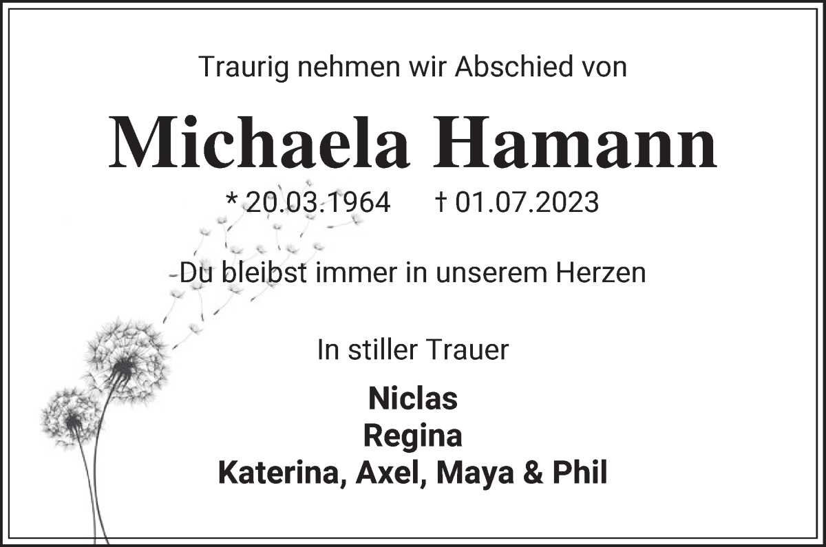 Traueranzeige von Michaela Hamann von WESER-KURIER