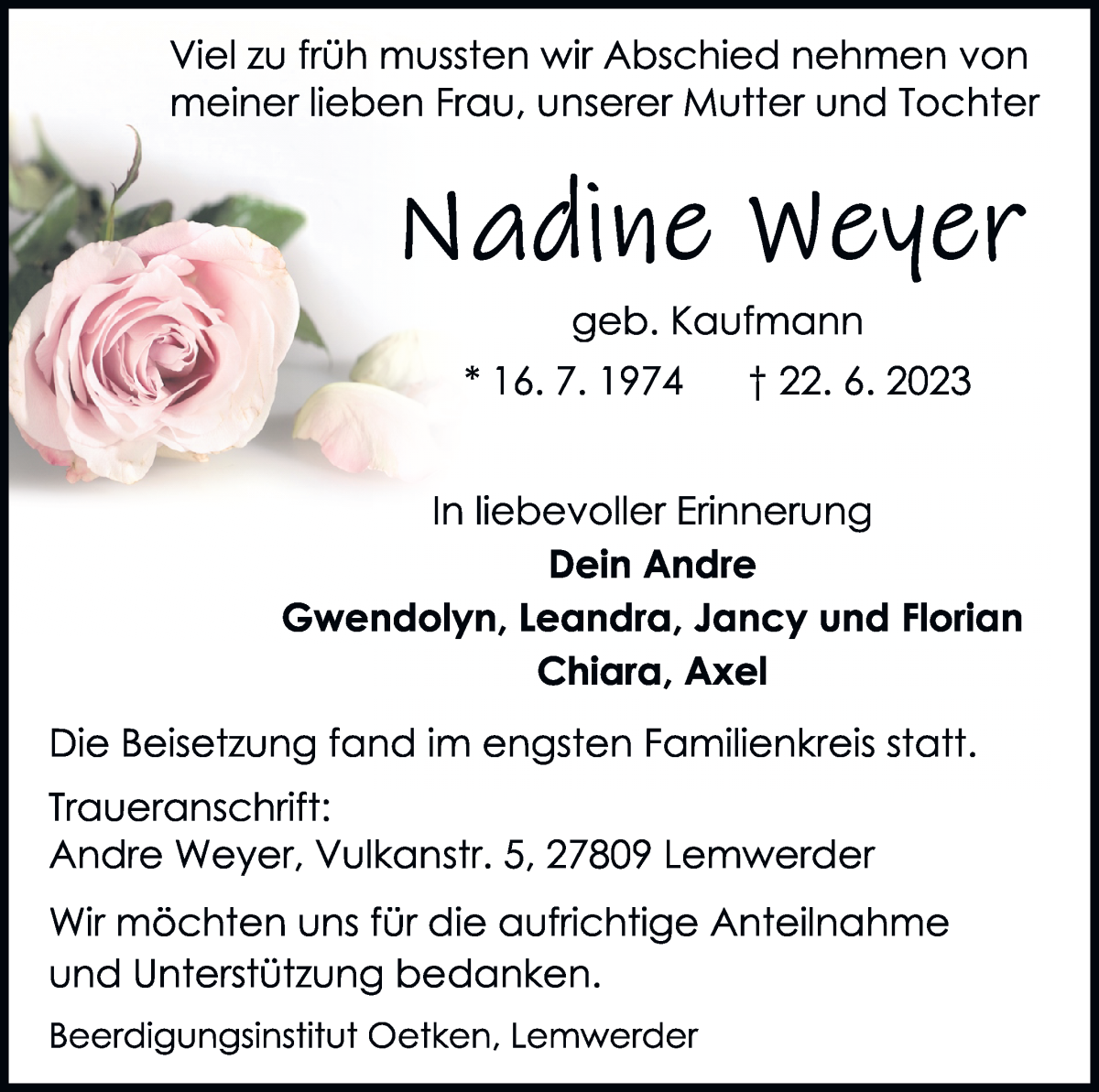 Traueranzeige von Nadine Weyer von Die Norddeutsche