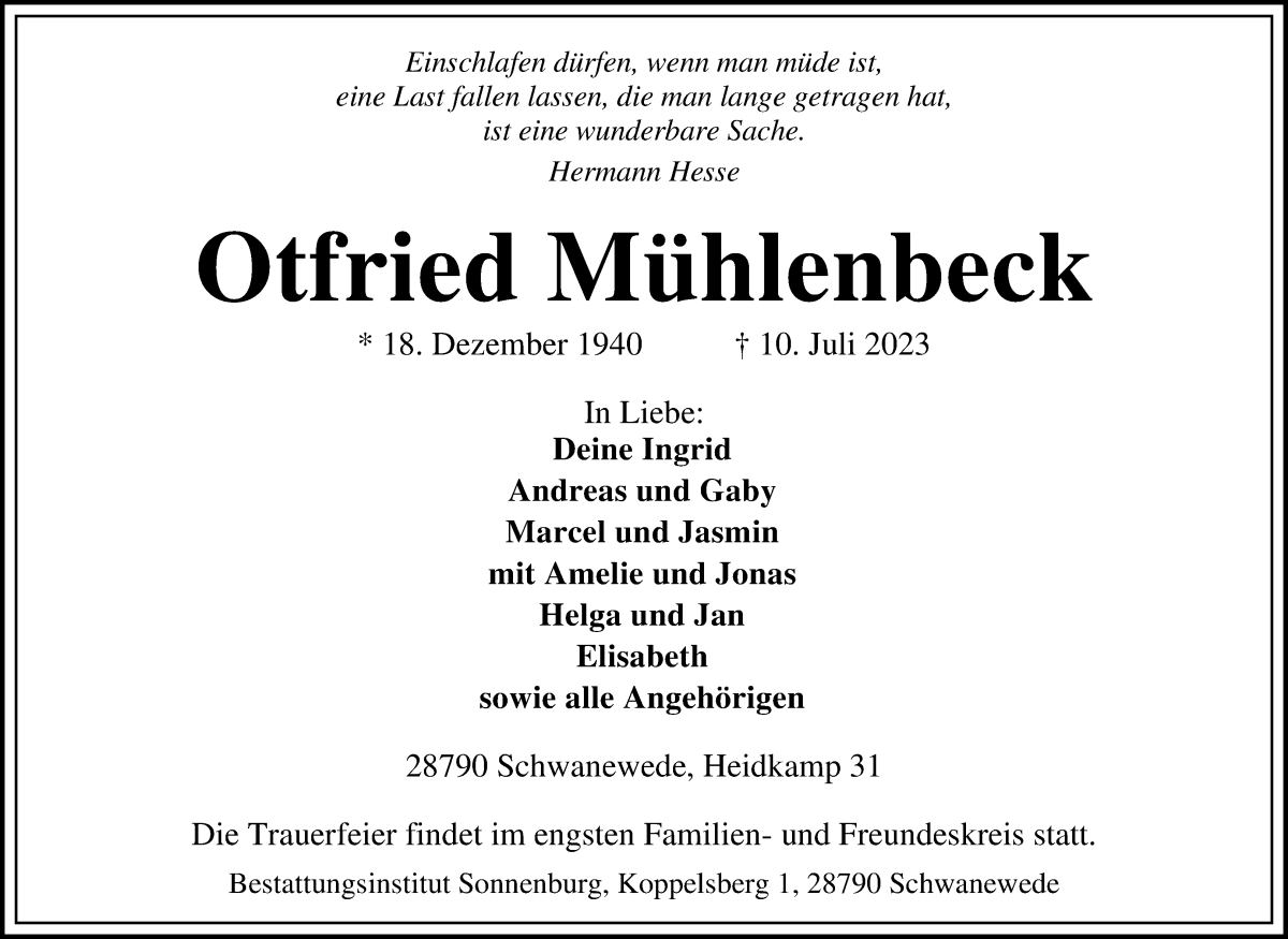 Traueranzeige von Otfried Mühlenbeck von Die Norddeutsche