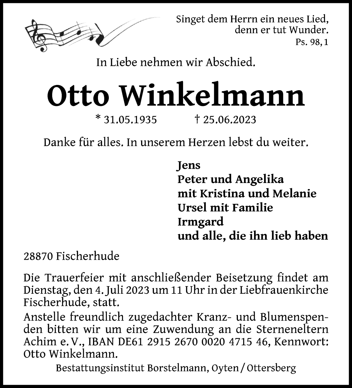 Traueranzeige von Otto Winkelmann von Achimer Kurier/Verdener Nachrichten