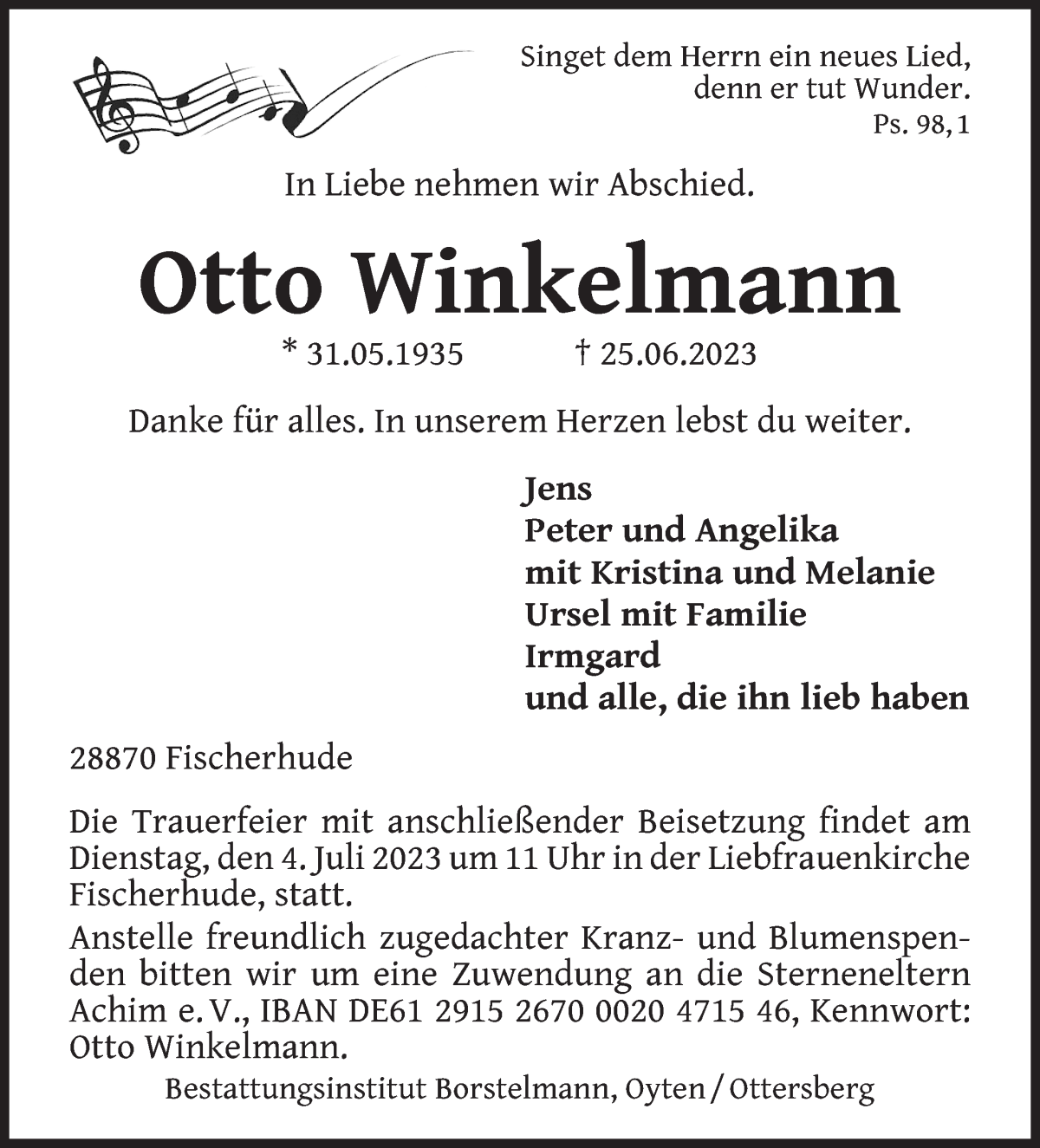 Traueranzeige von Otto Winkelmann von WESER-KURIER