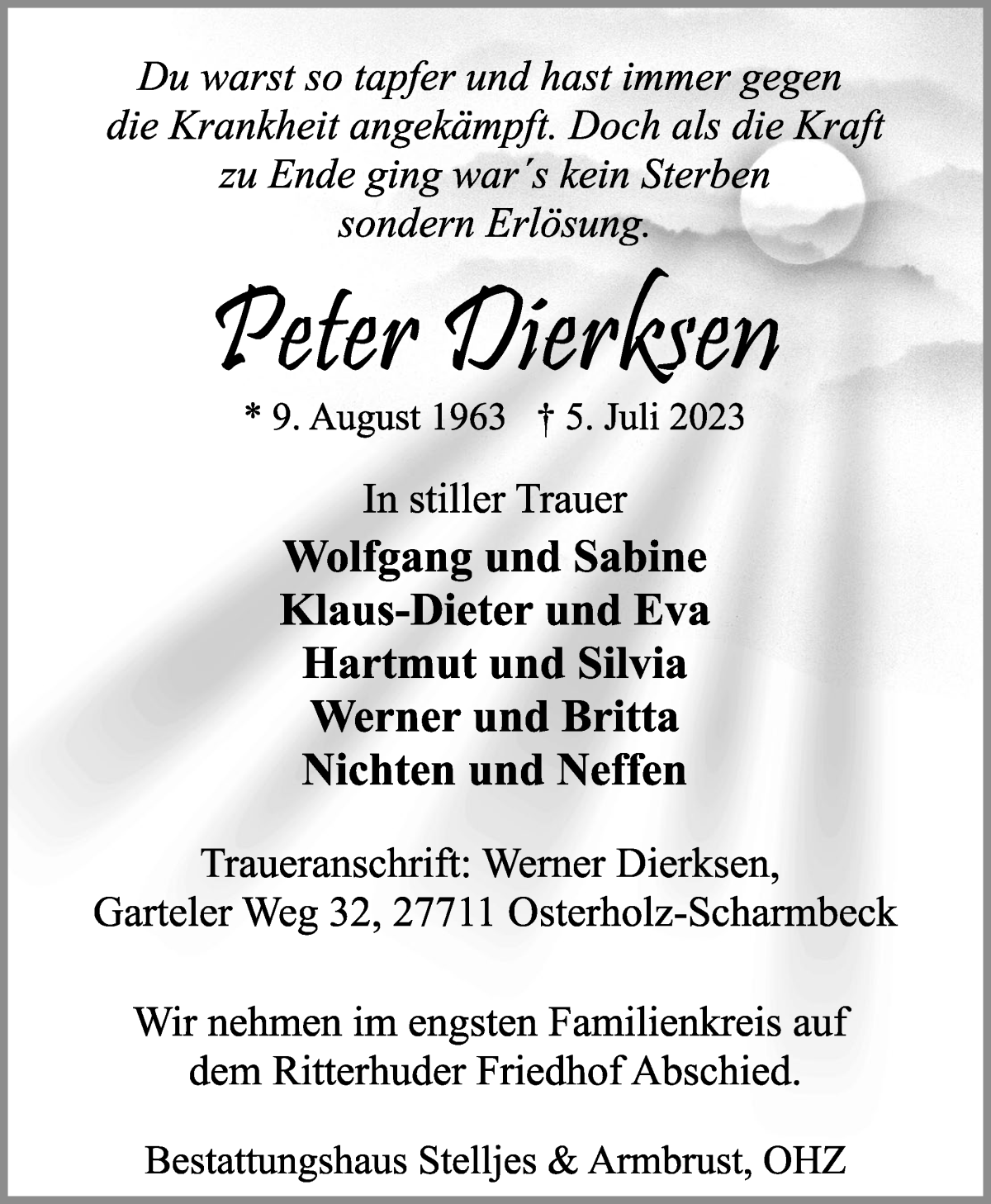 Traueranzeige von Peter Dierksen von Osterholzer Kreisblatt