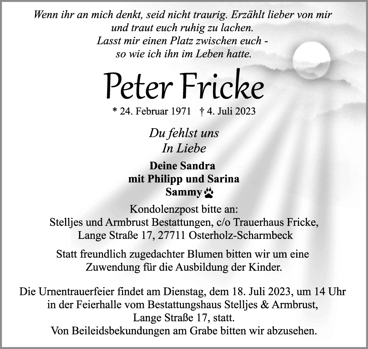 Traueranzeige von Peter Fricke von Osterholzer Kreisblatt