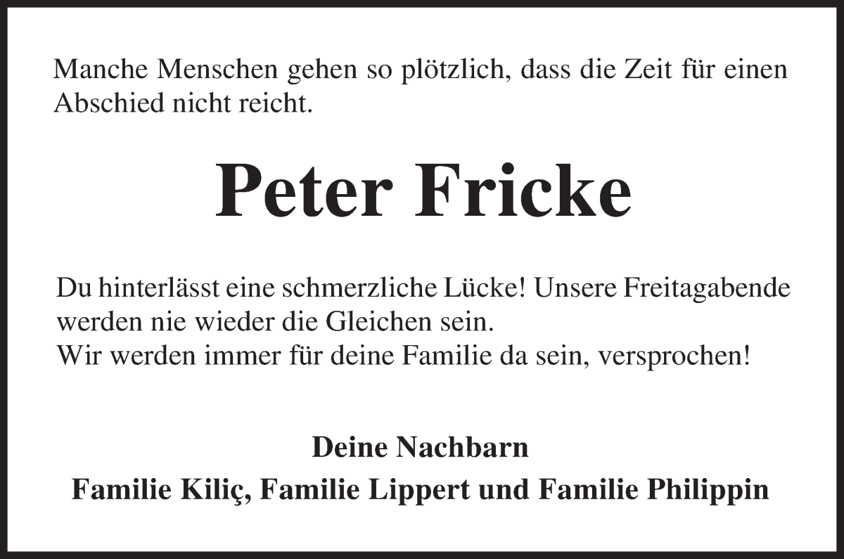 Traueranzeige von Peter Fricke von Osterholzer Kreisblatt
